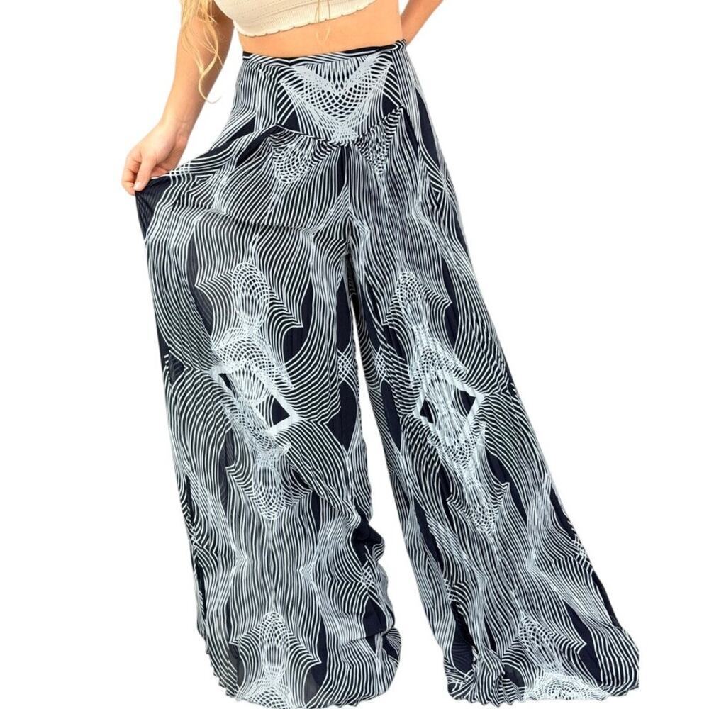 Anthropologie Leifdottir Palazzo Pants Black White Pleated Sheer Overlay Sz 4